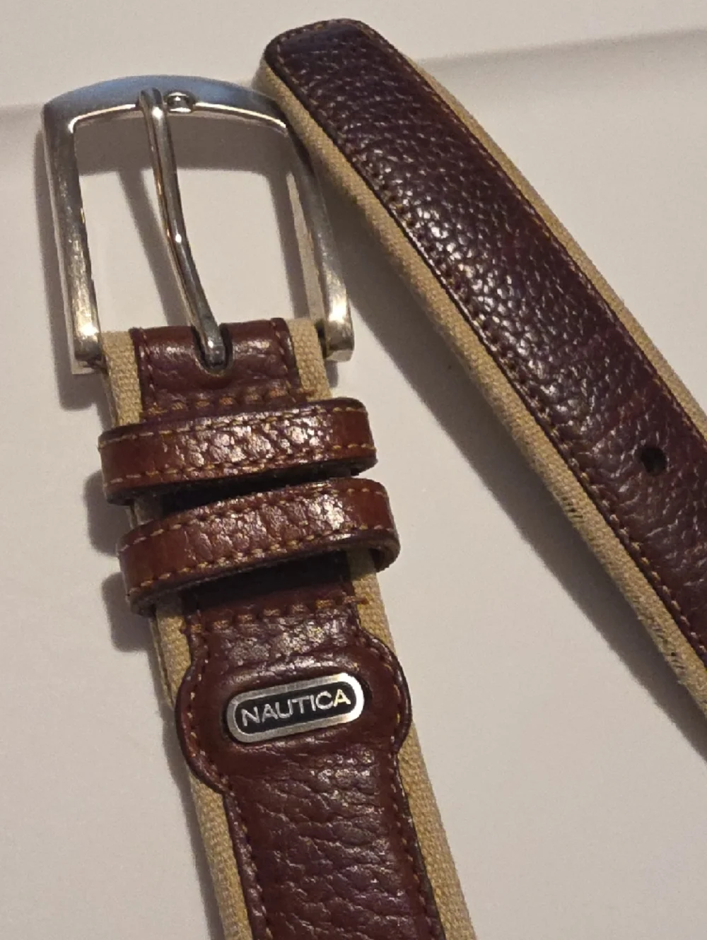 Nautica Brown Leather and Tan Canvas Belt with Silver Buckle